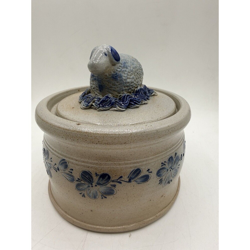 RARE ELDRETH Signed Sheep Pottery Crock w/ Lid Salt Glazed Lancaster Co PA Read